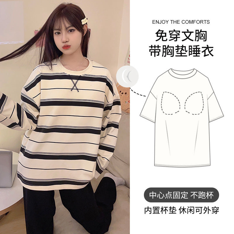 New Style Long-Sleeved Women's Pajamas with Breast Pads, Autumn and Winter Casual Striped Home Clothes That Can Be Worn Outside