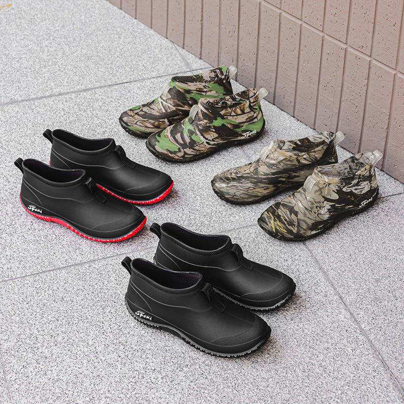2026 Cross-Border Fashion Short Waterproof Men's Rubber Shoes Camouflage Army Green Rain Boots Outdoor Mountain Fishing Water Shoes Short Style