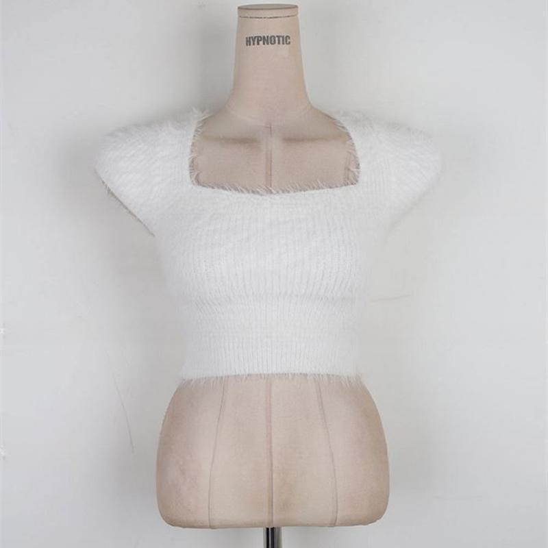 South Korea's Dongdaemun New Style Furry Comfortable Short-Sleeved Square Collar Slim Short Style Figure-Flattering Versatile Knitwear T-Shirt for Women