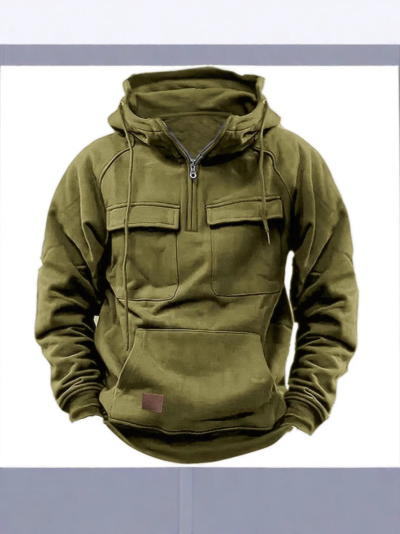 Cross-Border Men's Half-Zip Hooded Sweatshirt, Retro Workwear with Multiple Flap Pocket Pantss, Loose Casual Pullover Hoodie