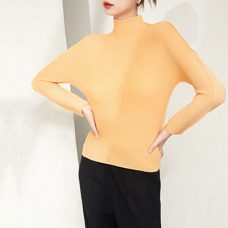 Miyake Seamless One-Piece Half Turtleneck Bottoming Shirt for Women Pleated Turtleneck Elegant Slim Slim Long-Sleeved T-Shirt for Women Thin Section