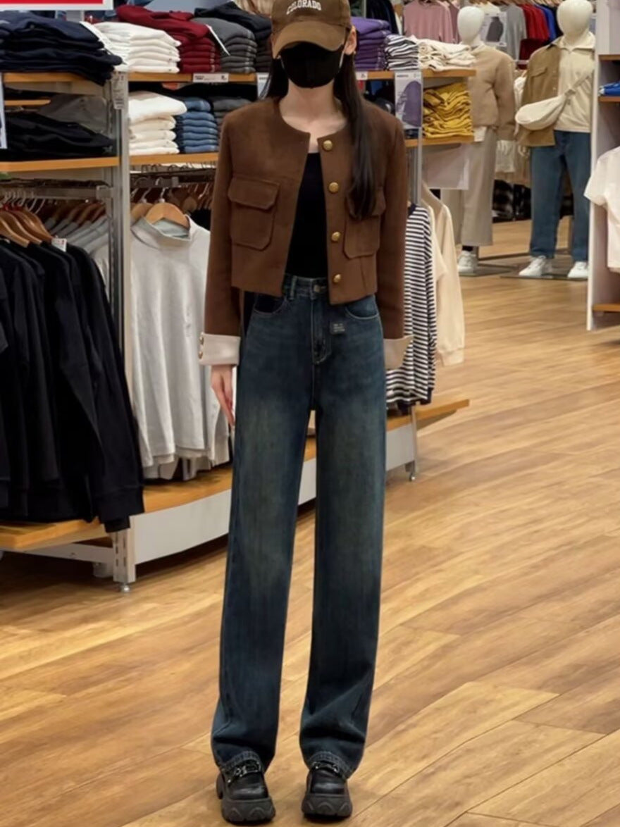 Straight Leg Jeans Women's 2024 Maillard Style Wearing Design Sense Narrow Wide Leg Jeans Women's High Waist Straight Leg Pants