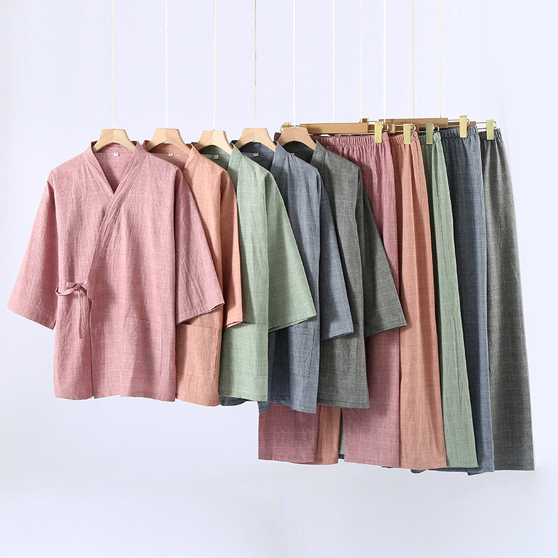 Japanese Style Wuyin Couples Kimono Pajamas Cotton Yarn Cropped Sleeve Pants Home Clothes suit Thin Loose Sweatshirt