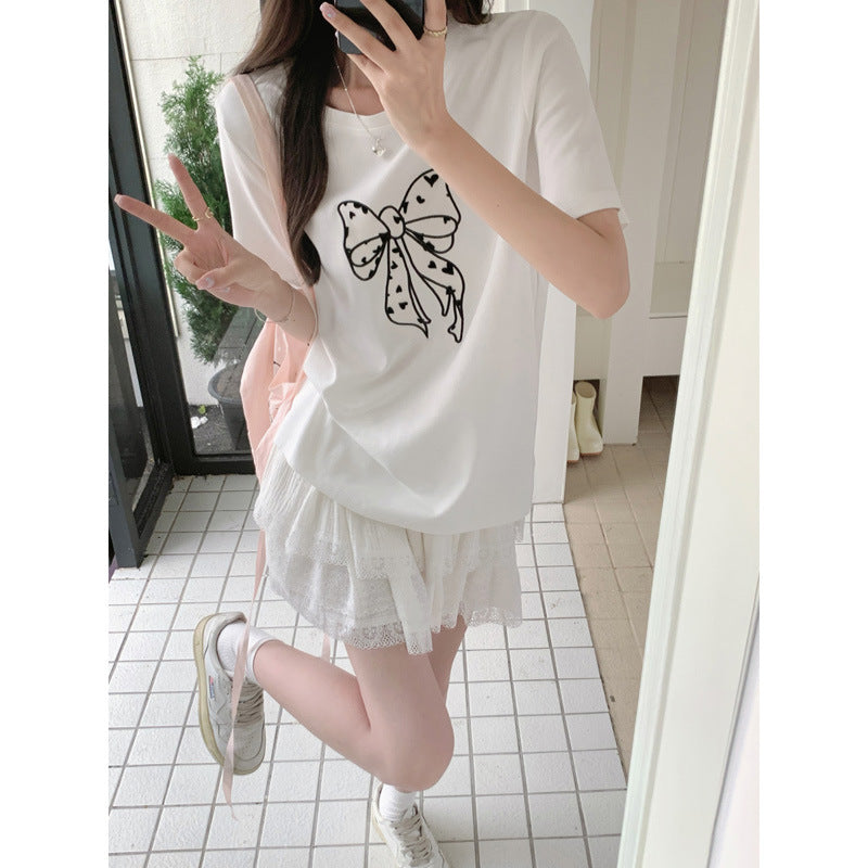 Age-Reducing Sweet Bow Patch Short-Sleeve T-Shirt for Women 2026 New Popular Style Loose Slimming Base Top Ins Trend