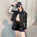 Short Leather Women's Coat 2023 Spring and Autumn New Fashion Design Sense Personalized Contrast Biker Short Jacket