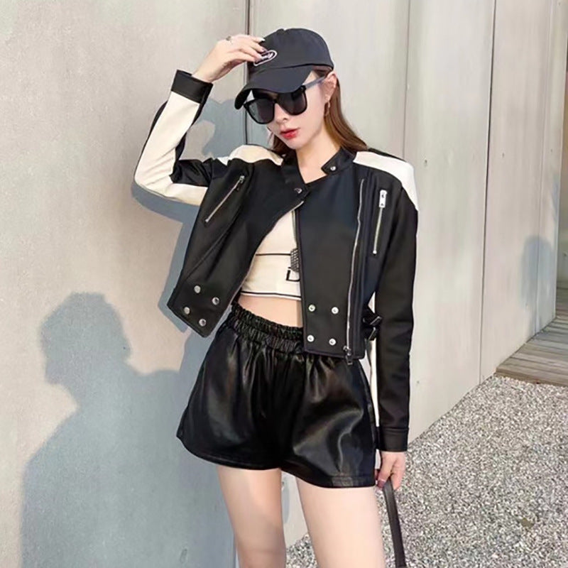Short Leather Women's Coat 2023 Spring and Autumn New Fashion Design Sense Personalized Contrast Biker Short Jacket