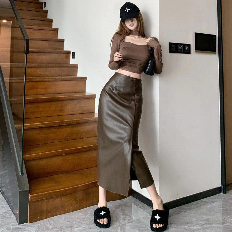 American Hot girl fashion PU leather high waist all-match long skirt cross-border women's autumn new casual skirt fashion