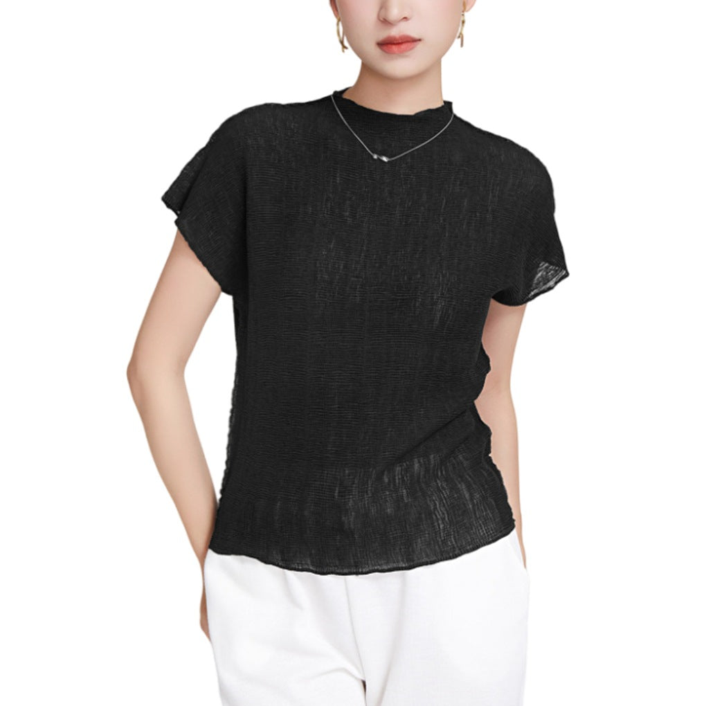 Short-sleeved T-shirt Women's Summer New Clothes All-match High-grade Western-style Small Shirt Unique Chic Pleated Top Thin Women