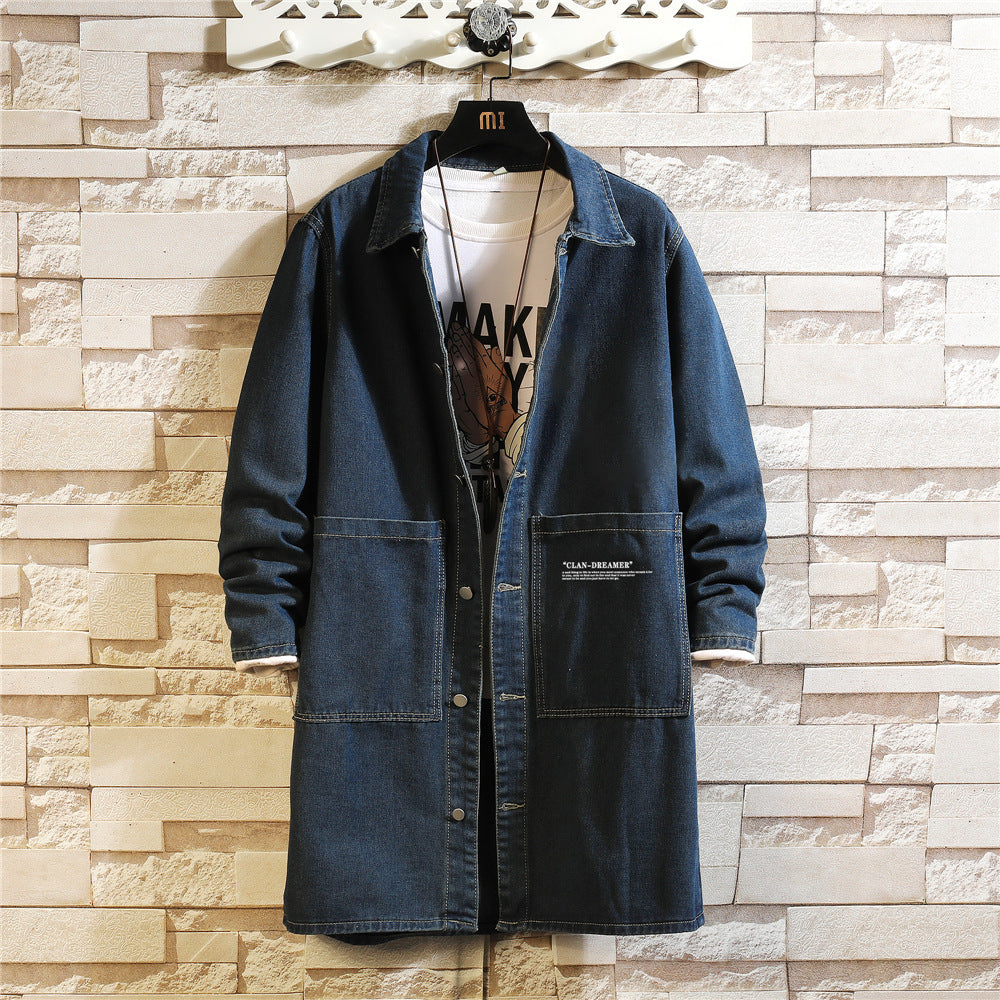 Foreign Trade Cross-Border Plus-Size Men's Mid-Length Denim Jacket Men's Trench Coat with Lapel Spring and Autumn Wholesale Amazon