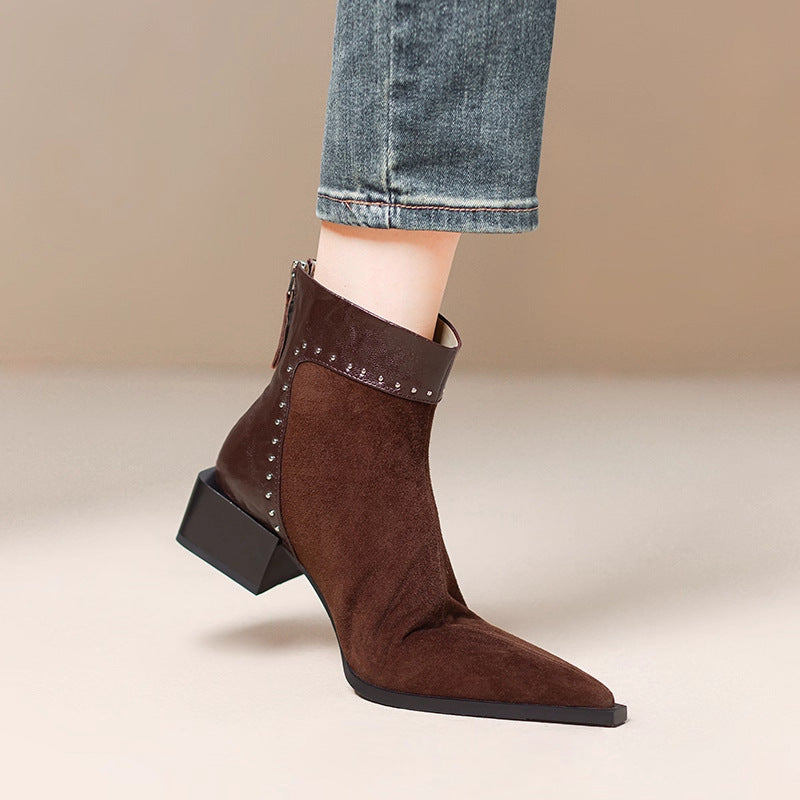 French High-End Medium Thick Heel Short Boots for Women 2025 Winter Rear Zipper Rivet Fashion Boots Slim Boots Elegant Elastic Boots