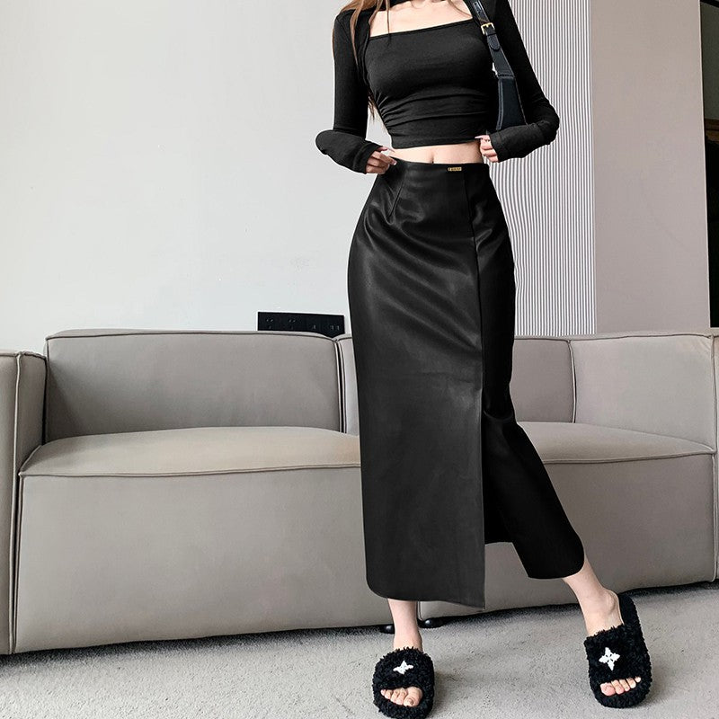 American Hot girl fashion PU leather high waist all-match long skirt cross-border women's autumn new casual skirt fashion