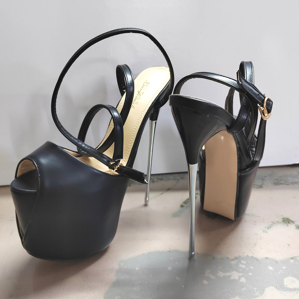 European and American Cross-Border New Style Thin Heel 19cm Steel Heel Strap Peep-Toe Large Size Sky-High Black High Heels Women's Shoes