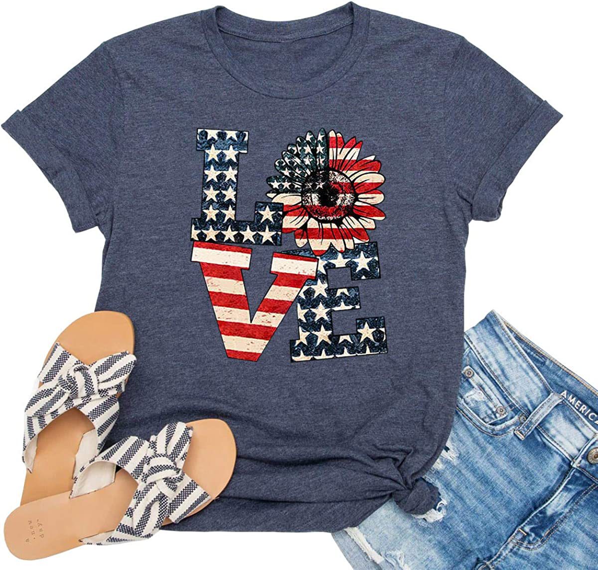 Round Neck American Independence Day T-Shirt Women Love American Flag Printed Top Colored Cotton T-Shirt