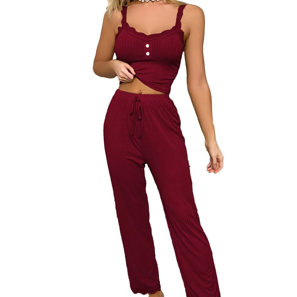 Cross-Border Casual Pajamas Lace Trim Camisole and Long Pants European and American Women's Loungewear Two-Piece Set Custom Sexy Lace