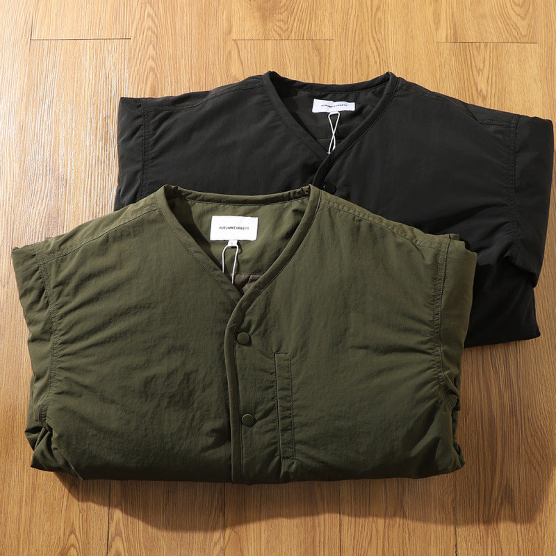 Japanese Retro Collarless Quilted Jacket Men's Windproof Workwear Layered V-Neck Snap Cotton Coat Men
