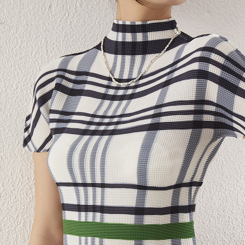 Miyake Half Turtleneck Half-Sleeved T-Shirt for Women Summer New Stereo Design Pleated Printed Short-Sleeved Top
