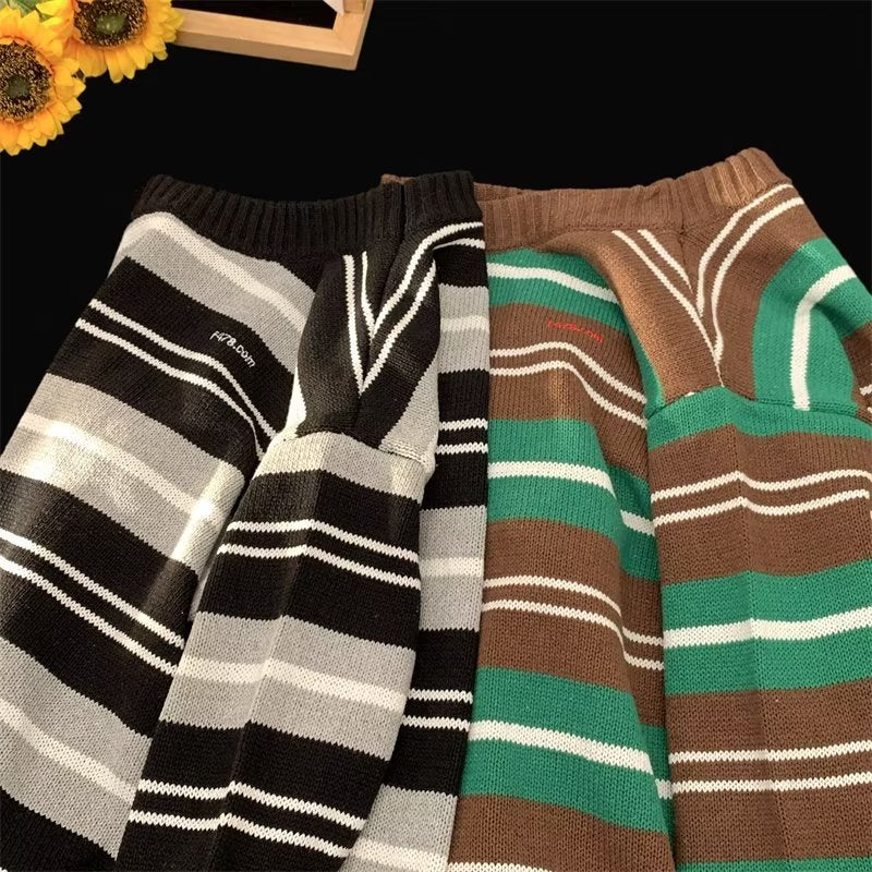 Simple Japanese Trendy Sweater Pullover Spring Long Sleeve Round Neck Men's Striped 2023 New Elegant Casual Sweater