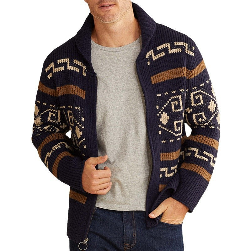Autumn and Winter New Men's Fashion Lapel Casual Cardigan Jacket Long-Sleeved Slim Jacquard Knitted Sweater Sy0013