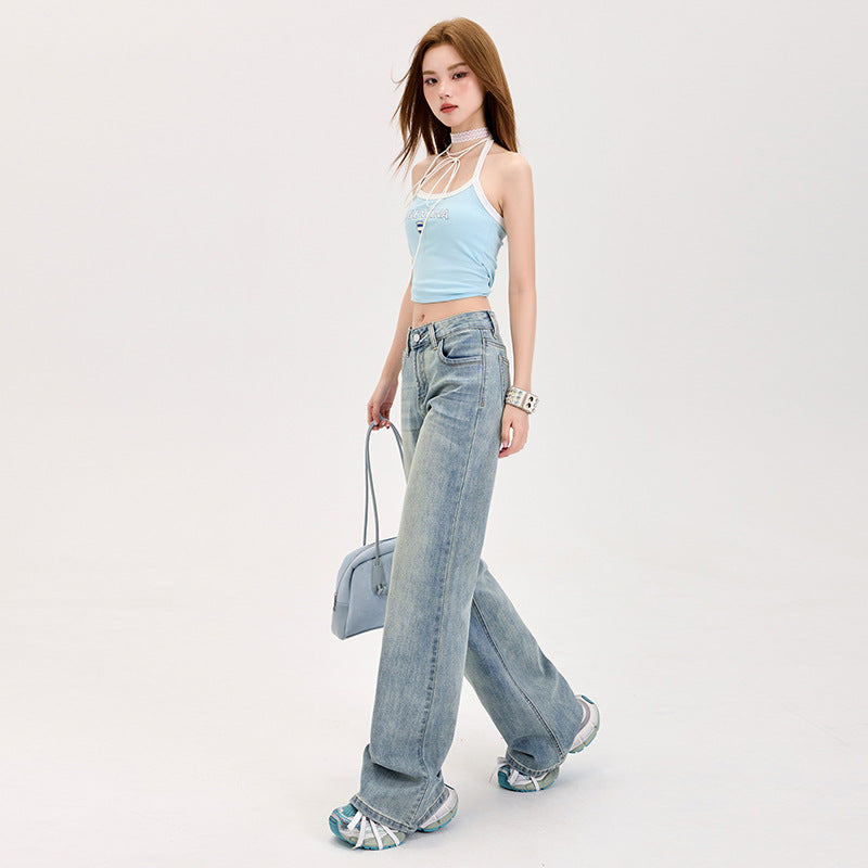 Black Cow Retro Light Blue Jeans for Women Spring 2025 High-Waisted Casual Wide-Leg Pants with Drape and Slimming Effect Long Pants