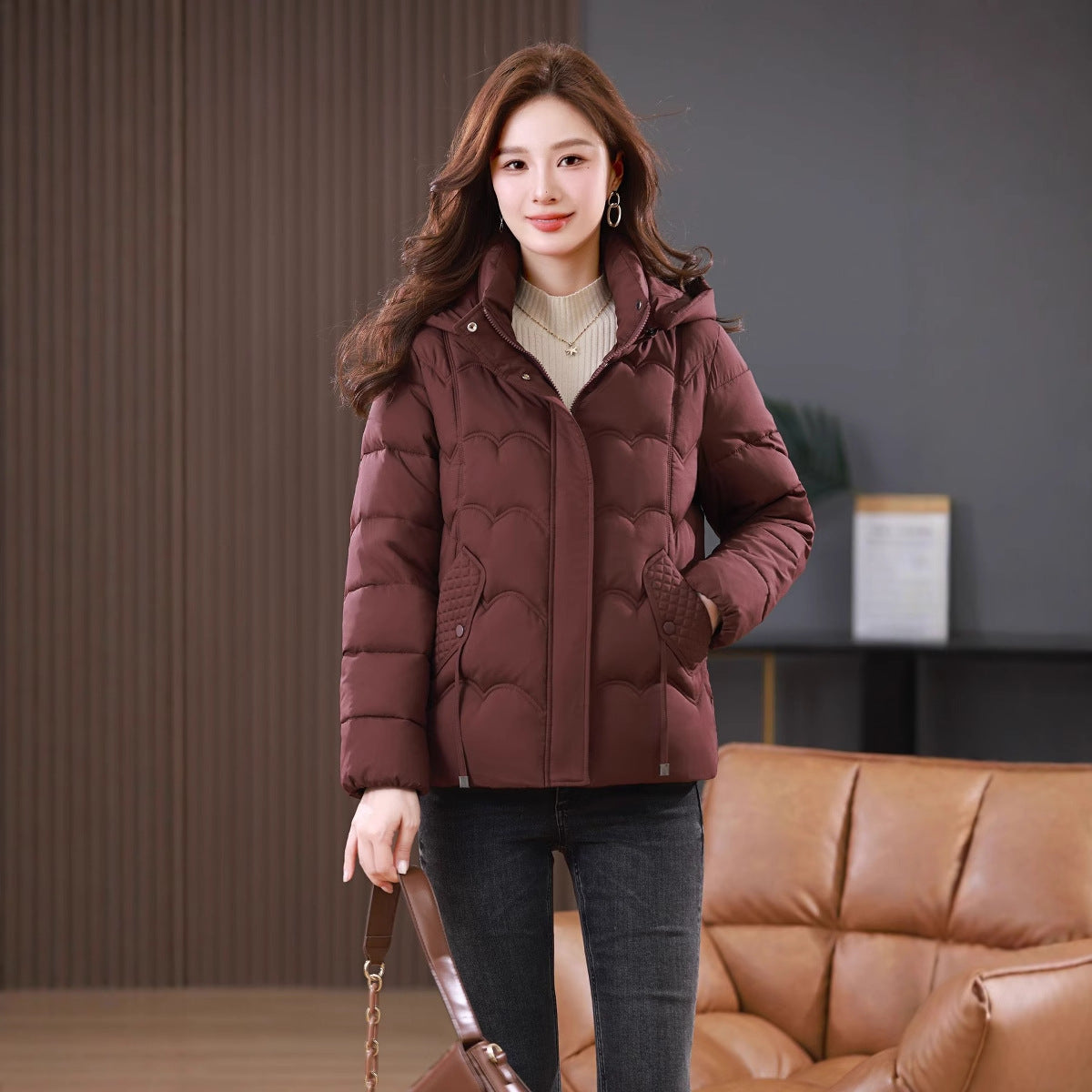 Fashionable Hooded Western Style Thickened Down Cotton-padded Coat Women's 2024 New Loose Simple All-match Casual Warm Cotton-padded Coat