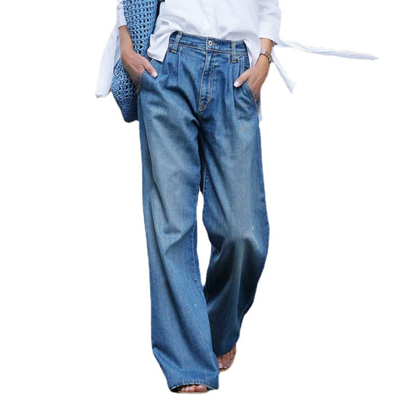 Amazon Casual Jeans for Women, Cross-Border High-Waisted Slimming Wide-Leg Pants, Loose Floor-Length Pants, Denim Trousers, Versatile