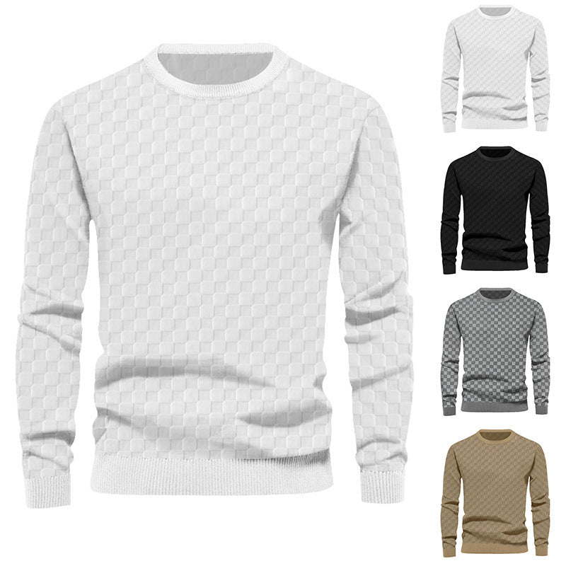 Cross-Border Men's Autumn and Winter Heavy Jacquard Checkerboard European and American Round Neck Casual Bottoming Shirt Men's Knitted Long-Sleeved Sweatshirt Men
