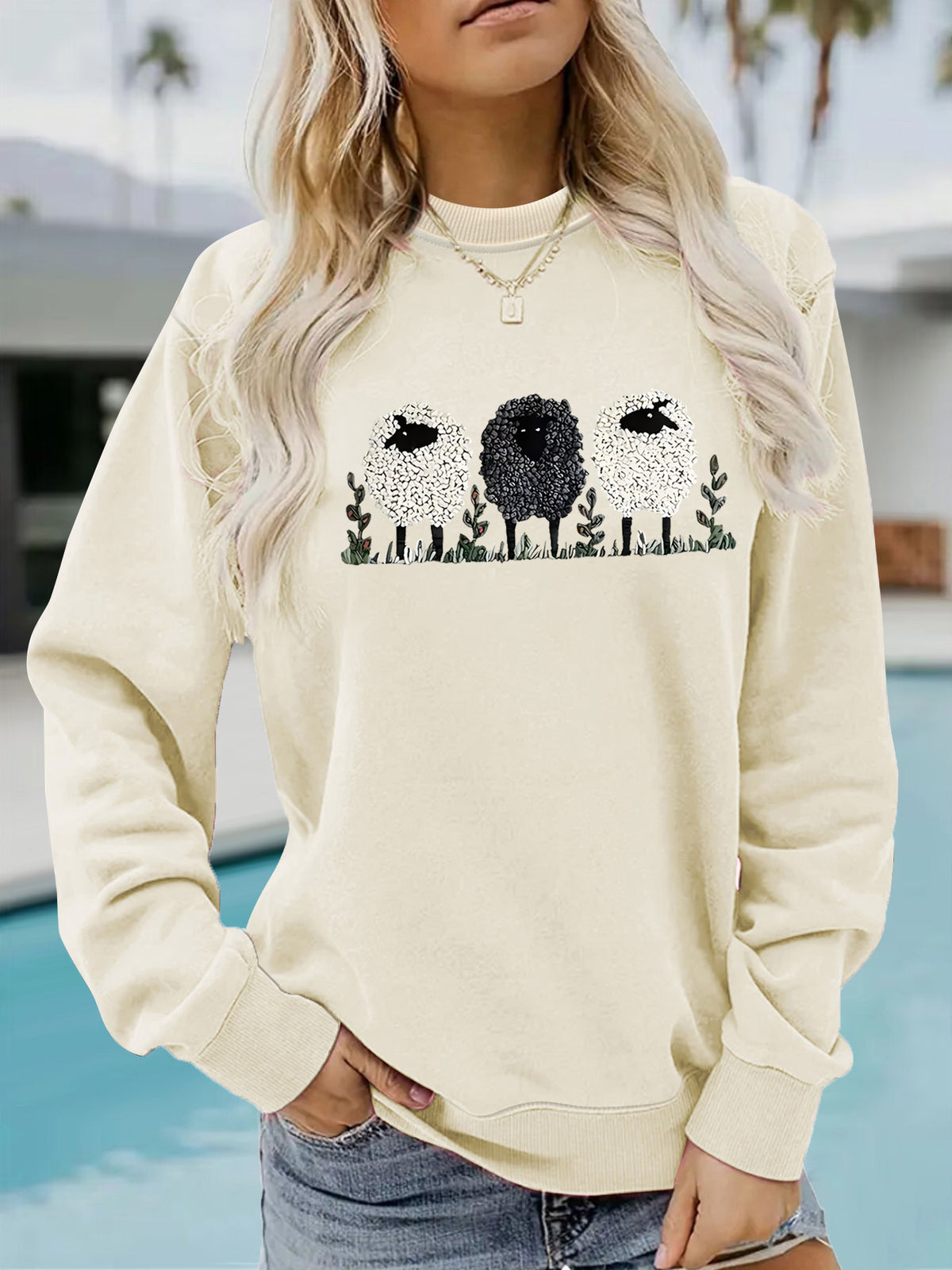 Europe and the United States cross-border autumn and winter women's casual long sleeve crew neck sheep printed pullover sweatshirt sweater wholesale
