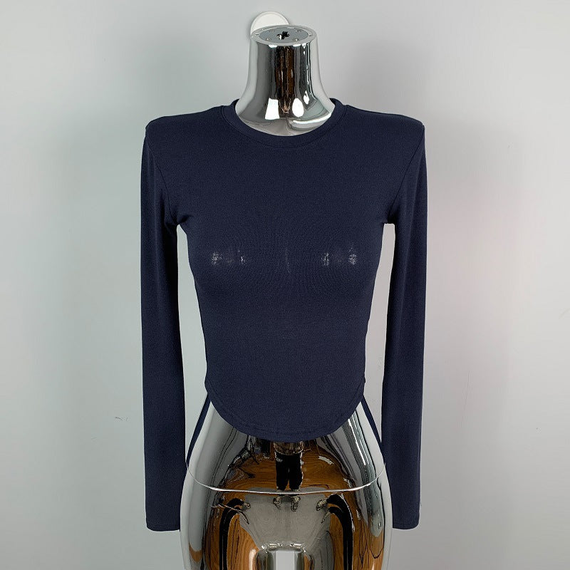 South Korea Dongdaemun round neck sexy hot girl waist tight solid color slimming short all-match long sleeve T-shirt top for women