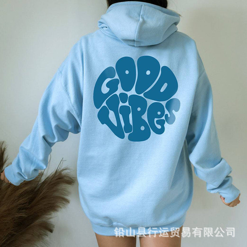 Foreign Trade Women's Good Vibes Hoodie Oversized Hoodie Sweatshirt Digital Printing Pure English Round Neck