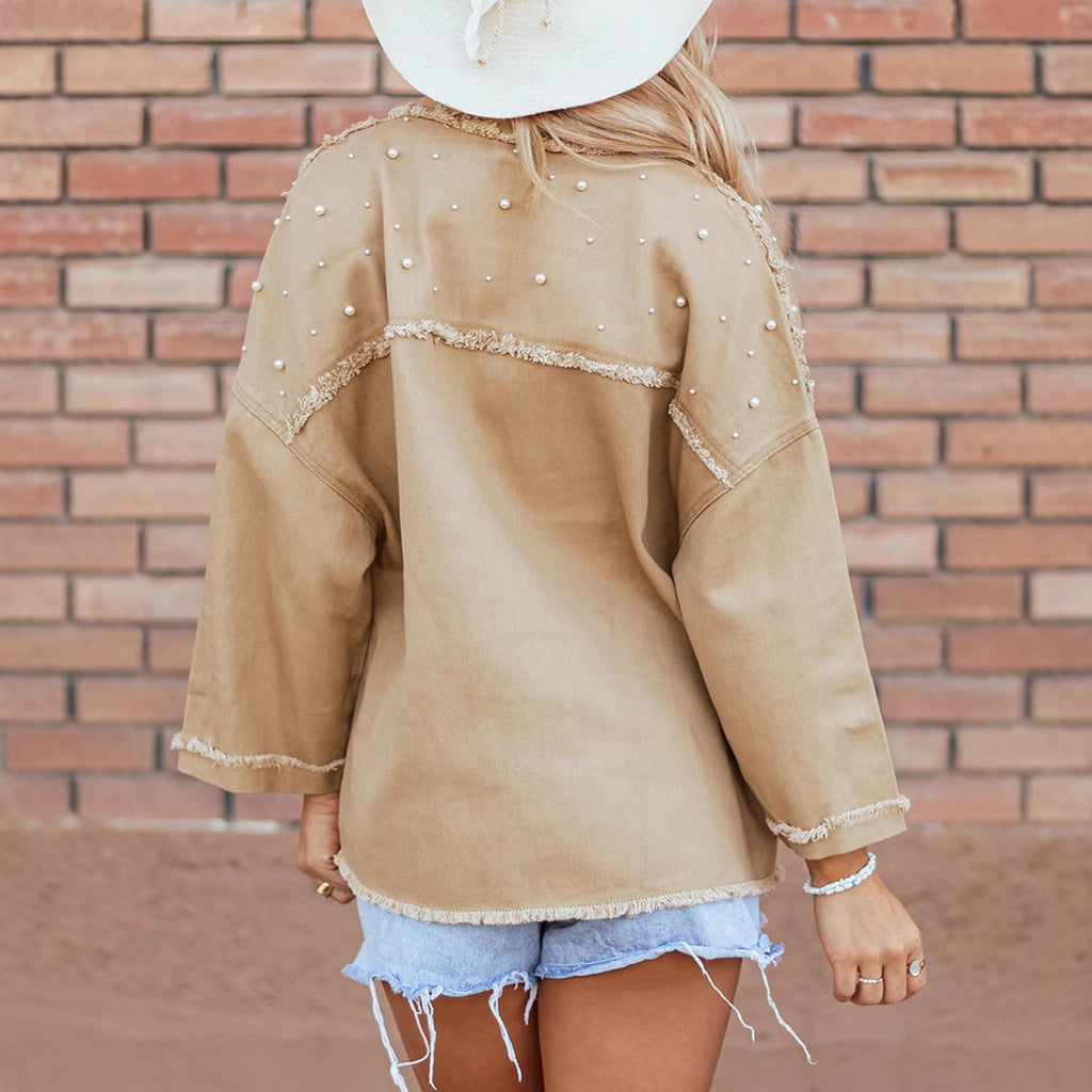 Trendy Winter New Versatile Jacket for Women European and American Fashion Design Beaded Lapel Denim Jacket for Women