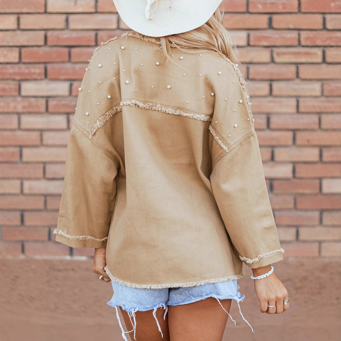 Trendy Winter New Versatile Jacket for Women European and American Fashion Design Beaded Lapel Denim Jacket for Women