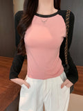 Autumn New Long-Sleeved T-Shirt for Women, Contrasting Raglan Sleeves, Slim Round Neck, Short T-Shirt, Customized Group Clothing, Women's Tops