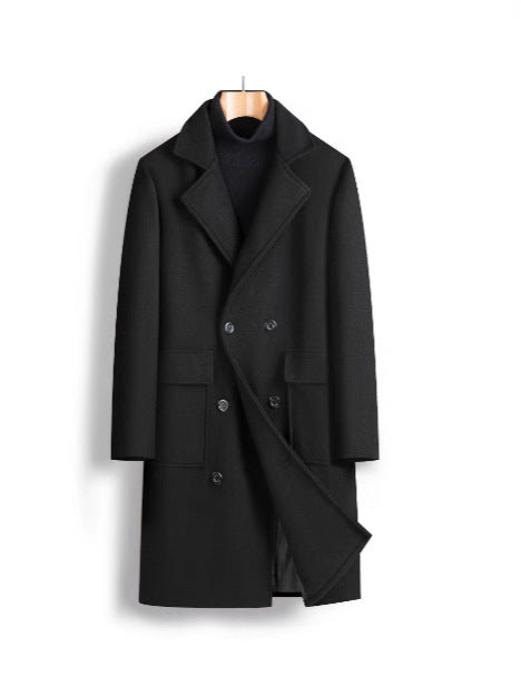 2025 spring new men's foreign trade double-breasted youth solid color casual long woolen coat fashionable trench coat