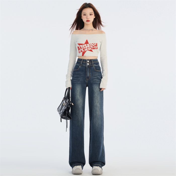 2024 Autumn and Winter New High Waist Double Buckle Slimming Stretch Narrow Straight Jeans for Women JEANS WOMEN