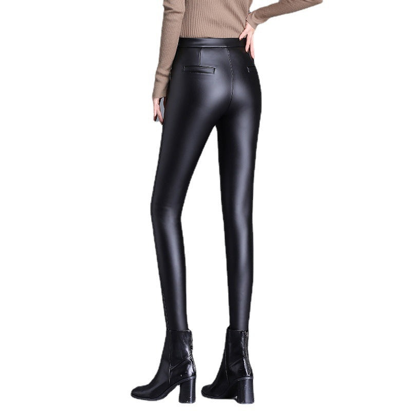 Genuine Leather Slimming Leather Pants for Women, 2025 Autumn and Winter New Style, Fleece-Lined and Thickened, High-Waisted Sheepskin Skinny Leather Pants