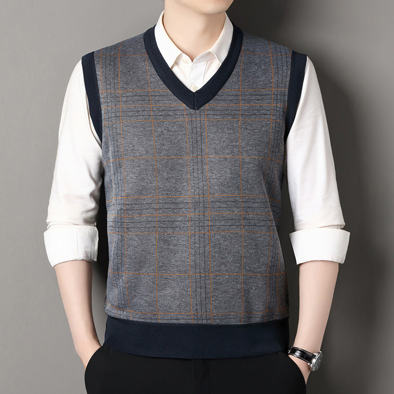 Autumn and Winter New Men's Knitted Inner Sweaters for Middle-Aged and Elderly People Fleece-Lined to Heattech Dad's Vests and Vests