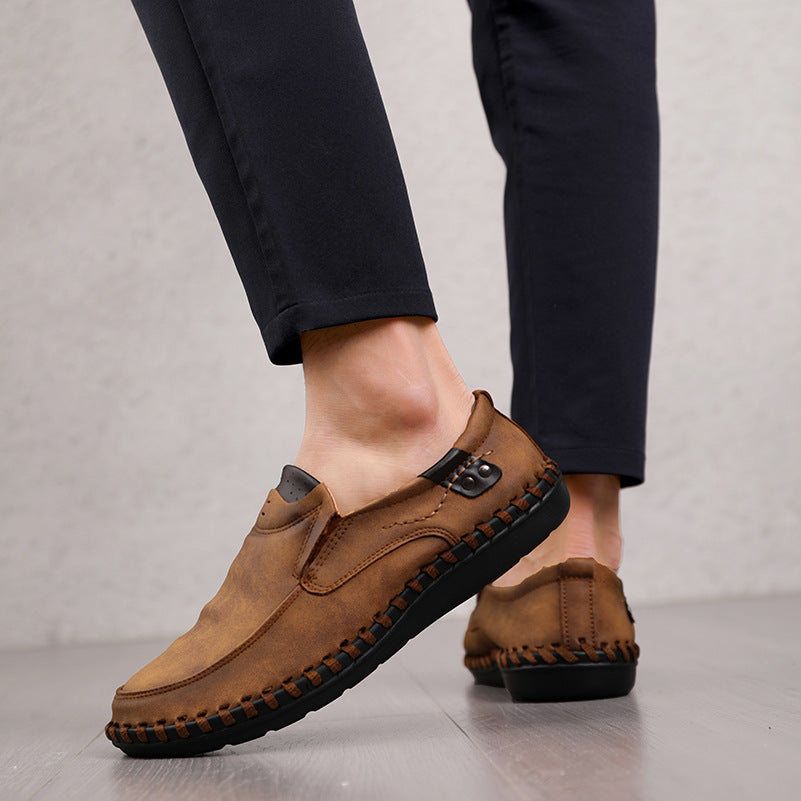 48 Large Size Low-Top Loafers for Men, Genuine Leather Hand-Stitched Slip-On Moccasins, Rubber Non-Slip Work Shoes