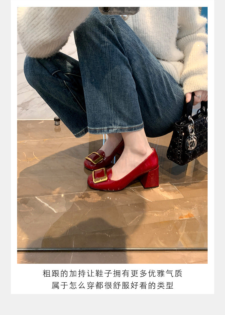 2025 Autumn New Collection Evening Gown~ Classic Square Buckle Patent Leather Chunky Heel Commuting High Heels Women's Wedding Shoes