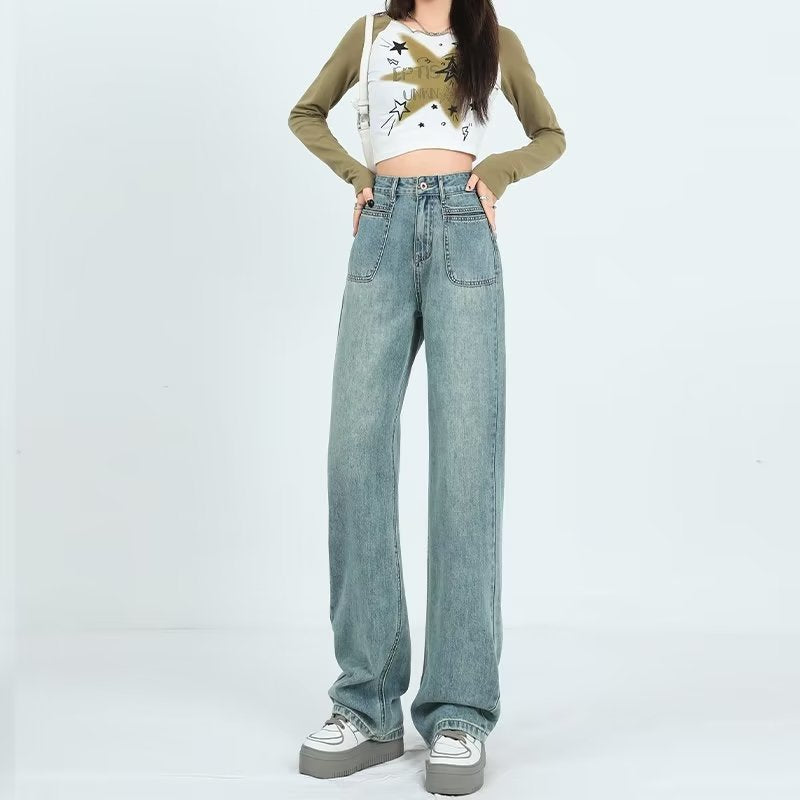American Retro Wide-leg Jeans for Women Spring & Fall 2024 New Style Small High-waist Slim Loose Straight-leg Floor-length Pants