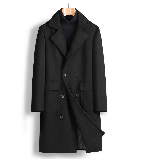 2025 spring new men's foreign trade double-breasted youth solid color casual long woolen coat fashionable trench coat