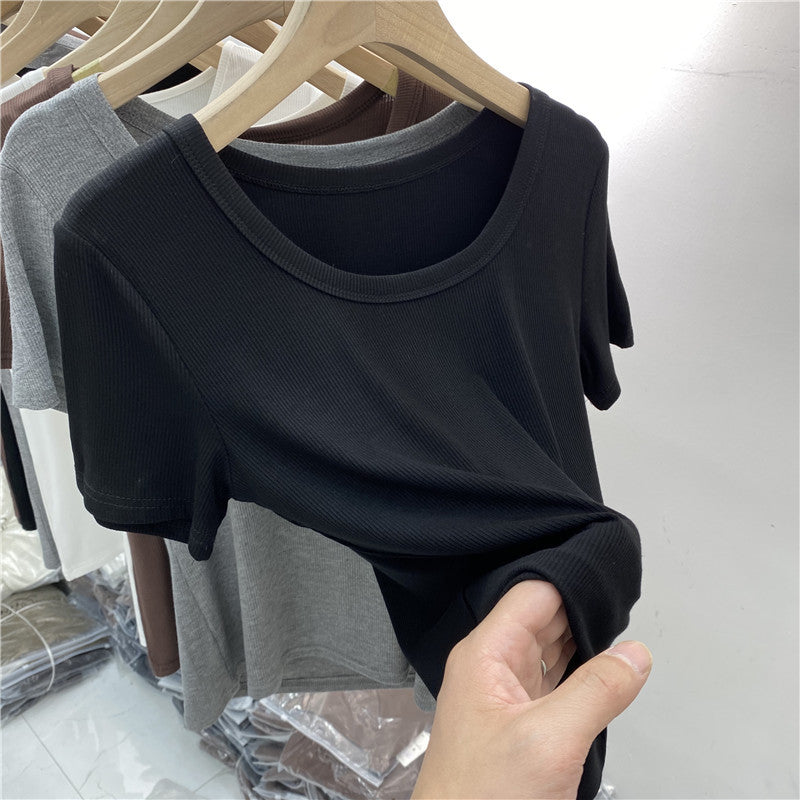 Versatile Ribbed Elastic Short-Sleeve T-Shirt for Women, Summer 2026, Round Neck, Slim Fit, Solid Color Base Shirt Top