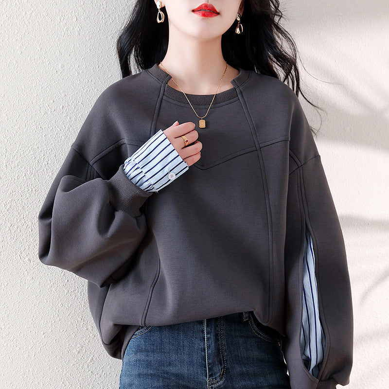 Real shot new ribbed neckline striped stitching top design sense irregular dividing line women's sweater