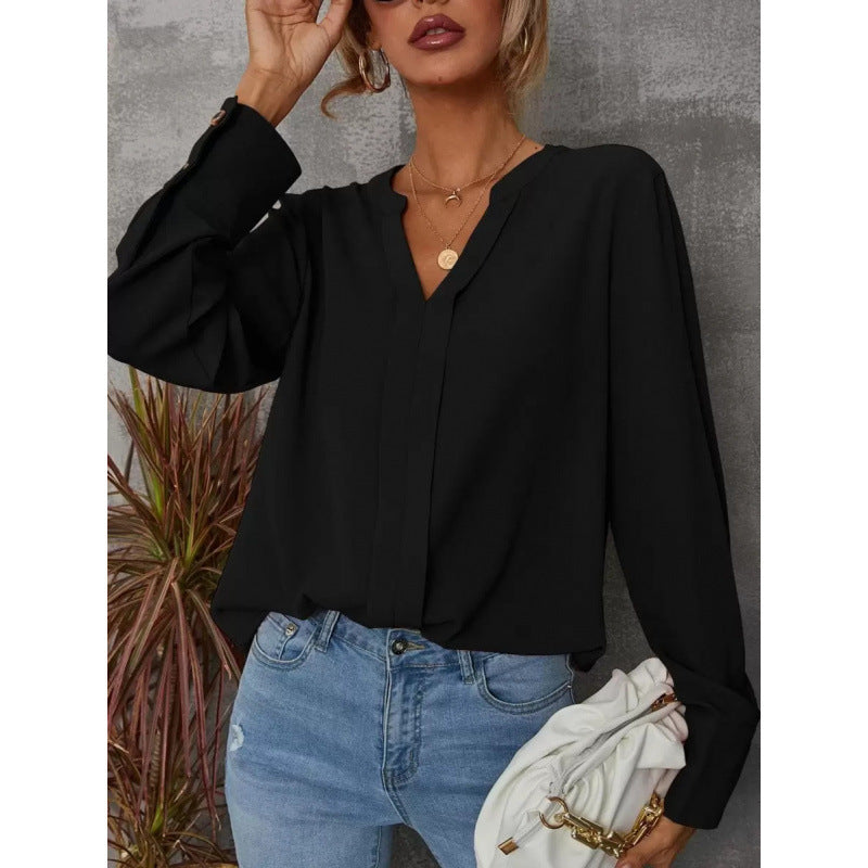 Foreign Trade New Cross-Border Blouses Pure Color Slit Button Cuff Shirt Long-Sleeved Top