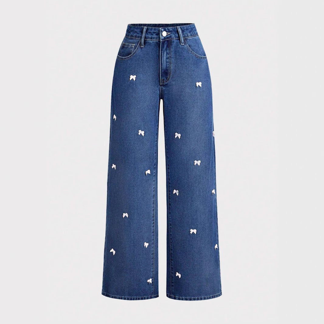 American High Street Y2K Jeans for Women 2025 New High-Waisted Washed Bow-Knot Casual Versatile Wide-Leg Pants Jeans