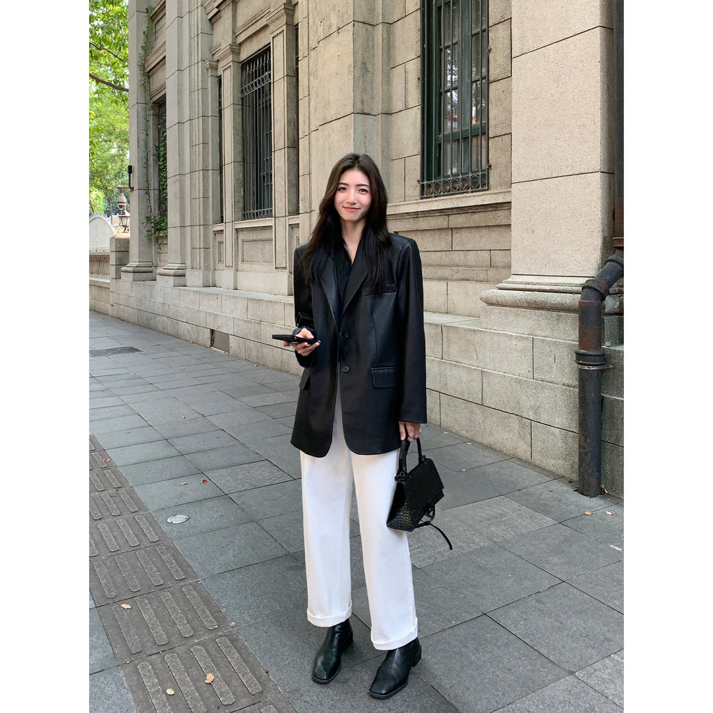 Leather Women's Small Suit Black PU Leather Suit Jacket Women's Spring and Autumn New Loose Elegant High-grade Small Suit