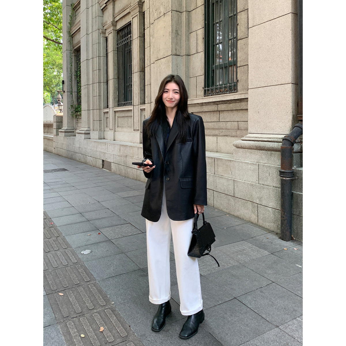 Leather Women's Small Suit Black PU Leather Suit Jacket Women's Spring and Autumn New Loose Elegant High-grade Small Suit