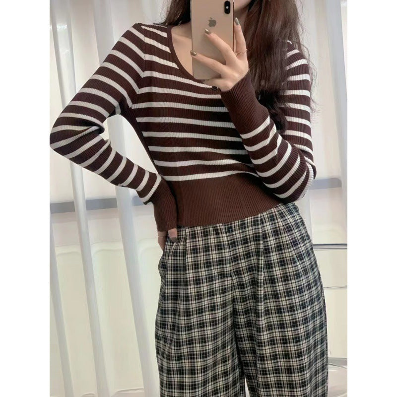 American Style Retro Fashionable Small Waist Sweater Elegant U-Neck Striped Long-Sleeved Slim-Fit Bottoming Sweater for Women