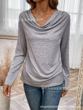 2023 New Women's Long-Sleeved Tops, Solid Color Draped Collar T-Shirts, Loose, Casual, Stylish, Versatile