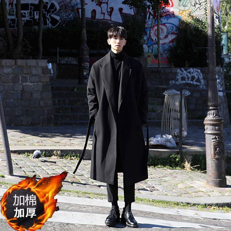 Autumn and winter woolen trench coat men's long over-the-knee Korean overcoat men's mid-length cotton and thickening woolen coat trendy