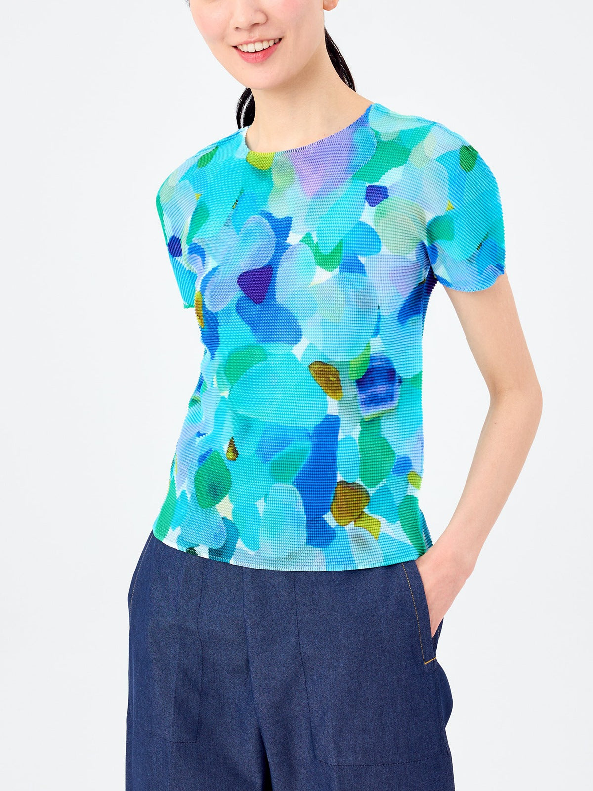 Miyake Design Niche Tops for Women Summer Thin Round Neck Slimming Look Pleated Printed Short-Sleeved T-Shirts for Women